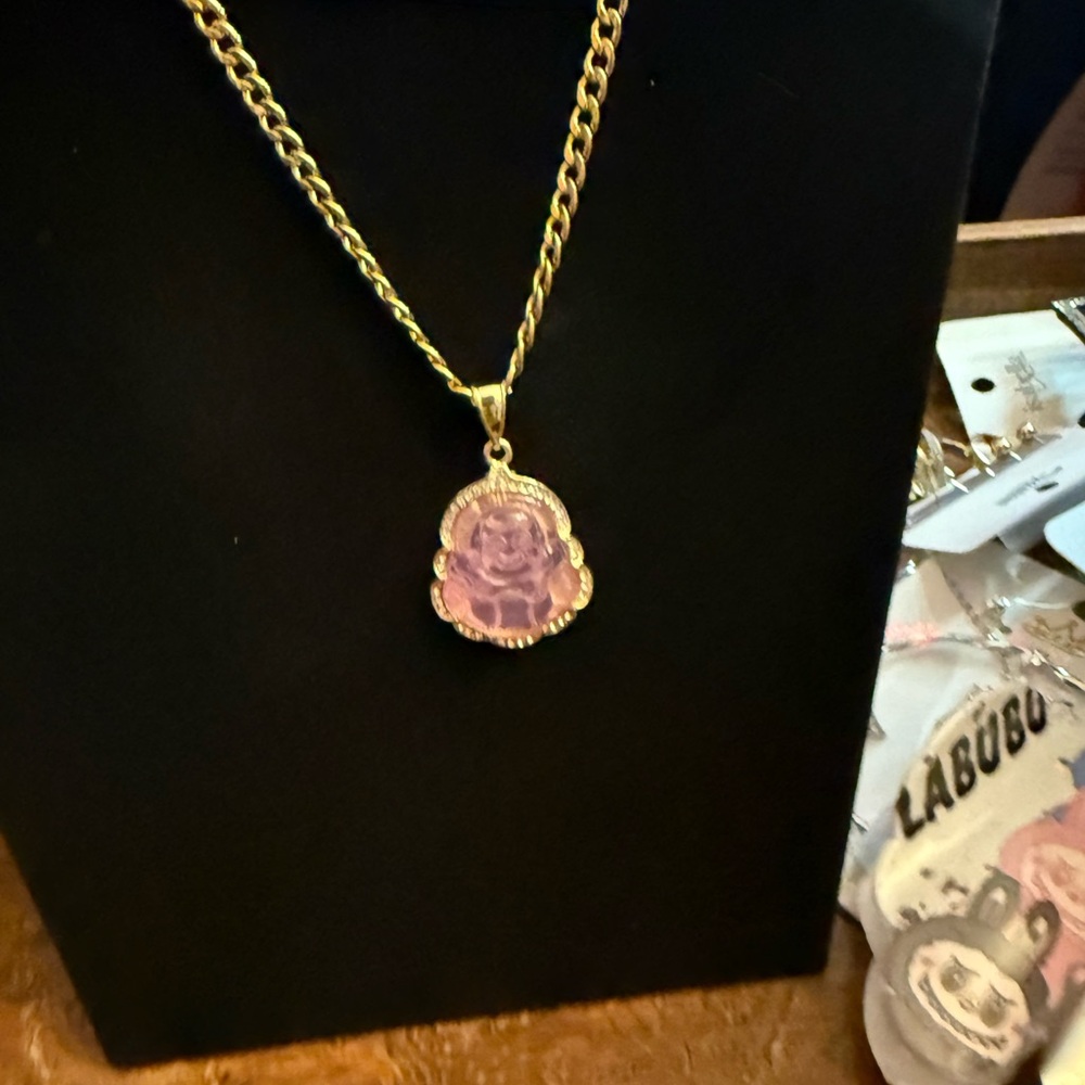 Gold and Pink Buddha Pendant Necklace FASHION JEWELRY all cones In a nice box